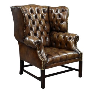 Antique Hand-Dyed Leather Wing Back Armchair, 1920 For Sale