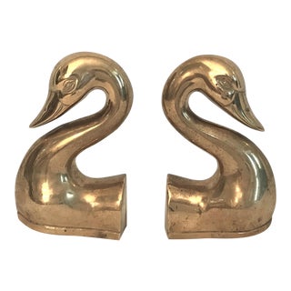 Solid Brass Swan Bookends - a Pair For Sale