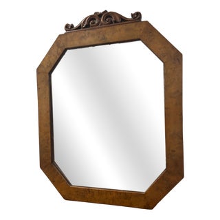 Antique Octagonal Mirror in Burl Wood with Carved Scroll Pediment, 1890s For Sale