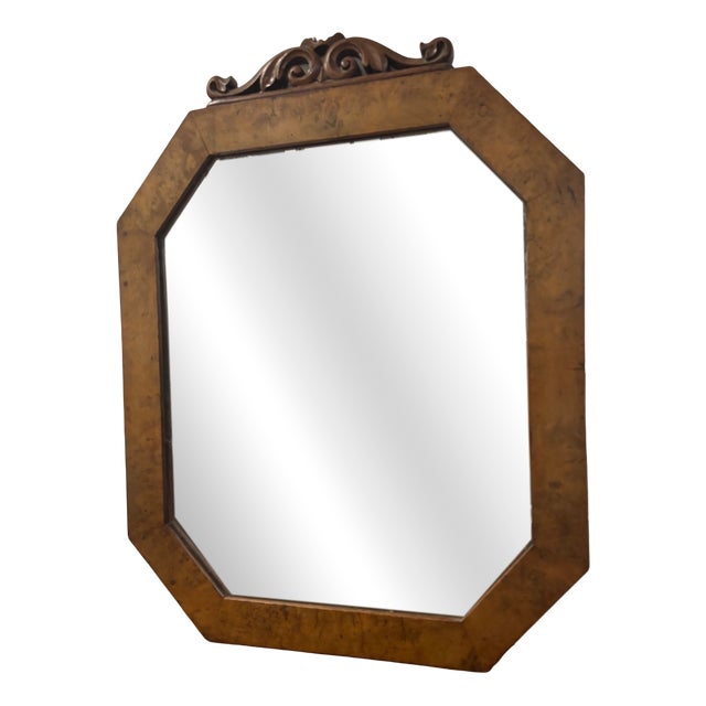 Antique Octagonal Mirror in Burl Wood with Carved Scroll Pediment, 1890s For Sale