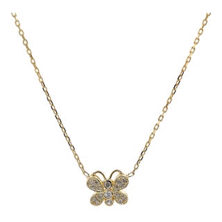 14k(585) Yellow Gold Natural Diamond Butterfly Pendant Necklace With Chain For Sale