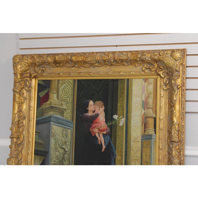 Traditional Large Framed Oil Painting on Canvas - Woman & Child Signed For Sale - Image 3 of 18