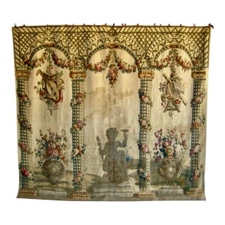 French Aubusson Verdure View of a Trellis Decor, Flowers and Putti Statue 1700 Hundreds For Sale