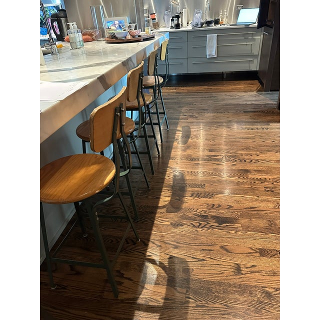 Modern 5 Vintage Industrial Counter Height Wood and Steel Stools , a Set For Sale - Image 3 of 10