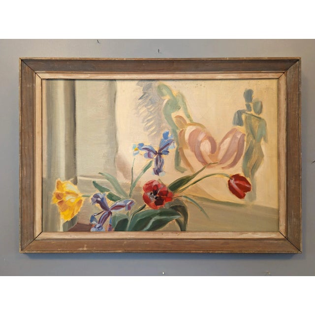 FLORAL & FIGURINE Size: 50 x 71 cm (including frame) Oil on Canvas An elegant and serene mid-century still life interior...