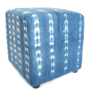 Vintage African Indigo Mudcloth Cube Ottoman For Sale