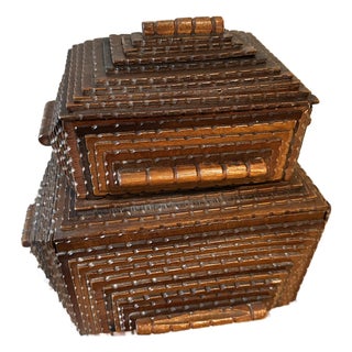 Early 20th Century Tramp Art Box With Hinged Lid and Pull-Out Drawer For Sale