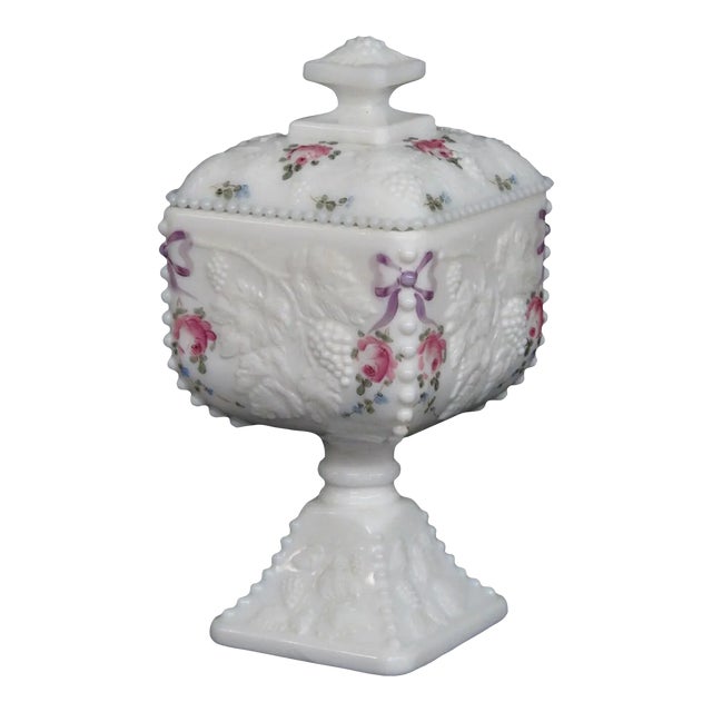 Westmoreland Milk Glass Beaded Edge Square Grape Pedestal Candy Bowl For Sale