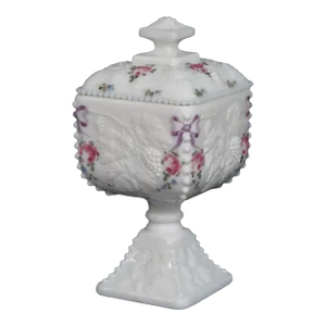 Westmoreland Milk Glass Beaded Edge Square Grape Pedestal Candy Bowl