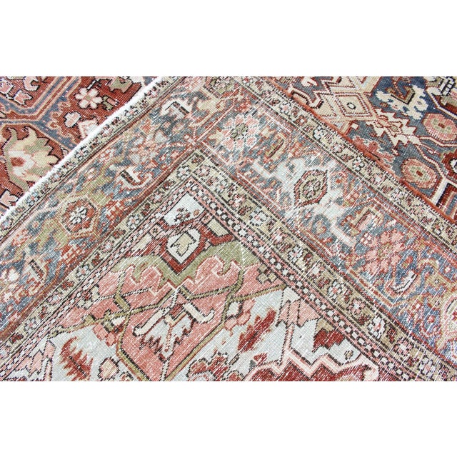 Persian Heriz With Geometric Medallion in Soft Red, Gray Blue With Soft Greens 7'6 X 10'8 For Sale - Image 12 of 13