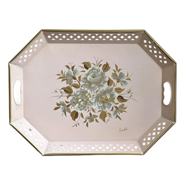 Mid-20th Century Hand Painted Pink Tole Serving Tray For Sale
