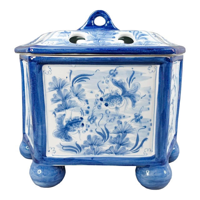 Maitland Smith Large Blue & White Porcelain Koi Fish Hexagonal Flower Frog Box For Sale