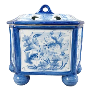 Maitland Smith Large Blue & White Porcelain Koi Fish Hexagonal Flower Frog Box