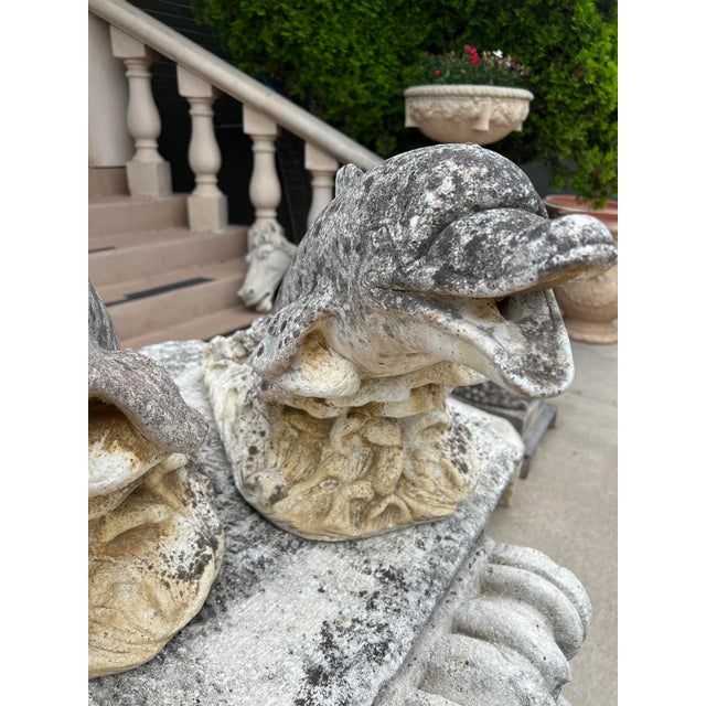Stone Pair of Weathered French Cement Dolphin Fountain Spouts, Circa 1970s For Sale - Image 7 of 16