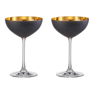 Nicolette Mayer Oro 24k Crystal Coupe Glass, Black, Set of 2 Glasses in Gift Tube For Sale