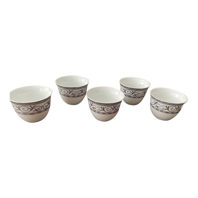 1990s Set of 5 German Fine Porcelain Demitasse Cups Gray Scroll Pattern For Sale