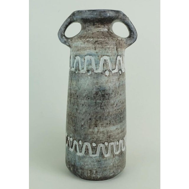 Mid-Century Ceramic Vase Model V/32 with Relief Pattern Gray Brown and Blue from Heissner Keramik For Sale - Image 6 of 9