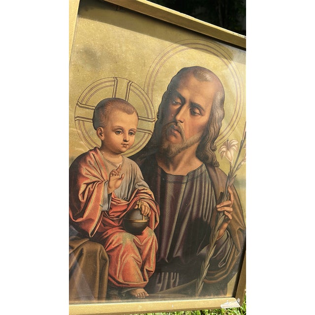 Antique Saint Joseph & Infant Jesus Chromolithograph, Original Nailed Wood Frame, Religious Art For Sale - Image 4 of 9