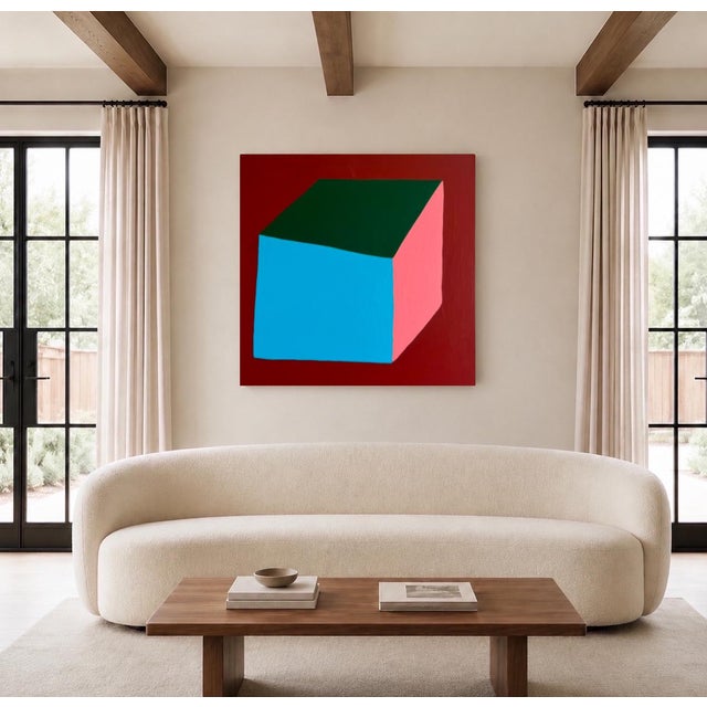 This canvas plays with perception and depth through a deliberately simple geometric form. The composition creates a...