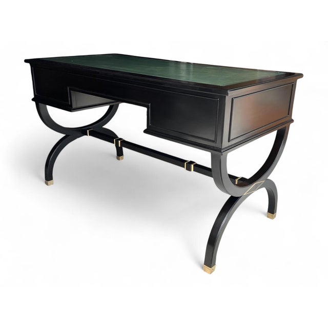 Vintage Hollywood Regency Style Ebonized Desk With Green Leather Top and Brass Details For Sale - Image 13 of 15