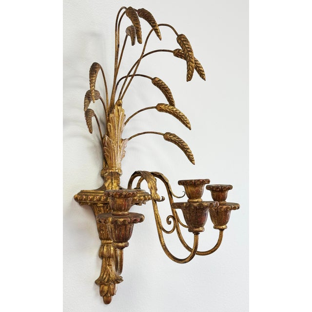 Vintage Italian Gilt Wood Tole Sheaf of Wheat Candle Sconces, a Pair For Sale - Image 4 of 9