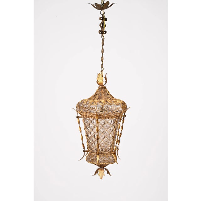 Metal Mid-Century Venetian Mouth-Blown Glass Lantern in Gold Painted Metal Frame, 1940s For Sale - Image 7 of 18