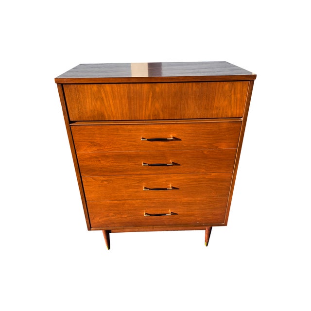 Mid Century Modern Vintage Tall Highboy Dresser With Brass Hardware For Sale - Image 9 of 11