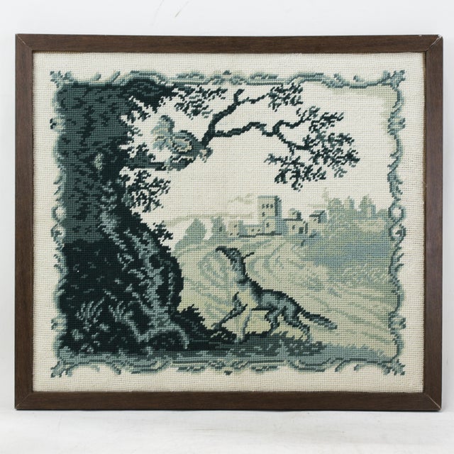 Teal Vintage Framed Needlework Blue Monochrome Woodland Landscape With Hound and Estate Motif For Sale - Image 8 of 8