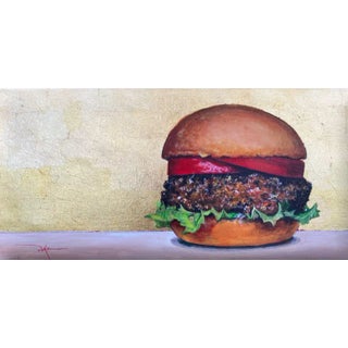 Contemporary Impressionist Still Life Acrylic Painting, "Thick Patty, One-Third Pound" For Sale