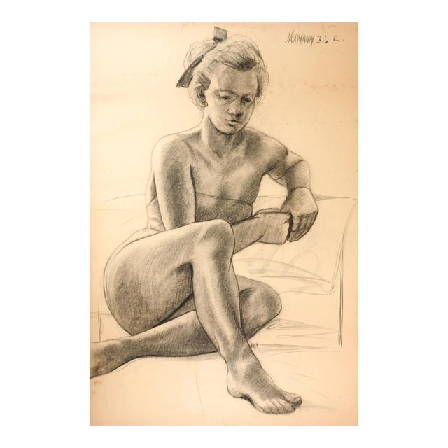 Vintage Charles Normann Charcoal Female Figure Drawing For Sale
