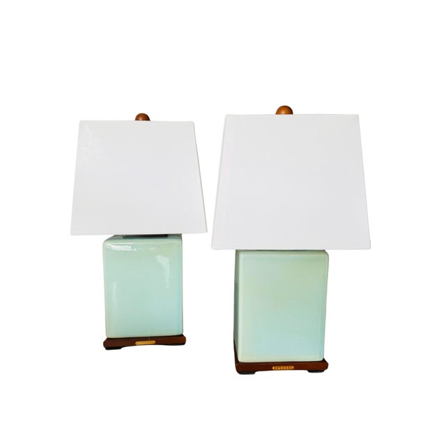 Pair of Lauren Ralph Lauren Celadon Crackle Glazed Porcelain Table Lamps | Coastal Modern Transitional Lighting With Original Shades For Sale - Image 11 of 15