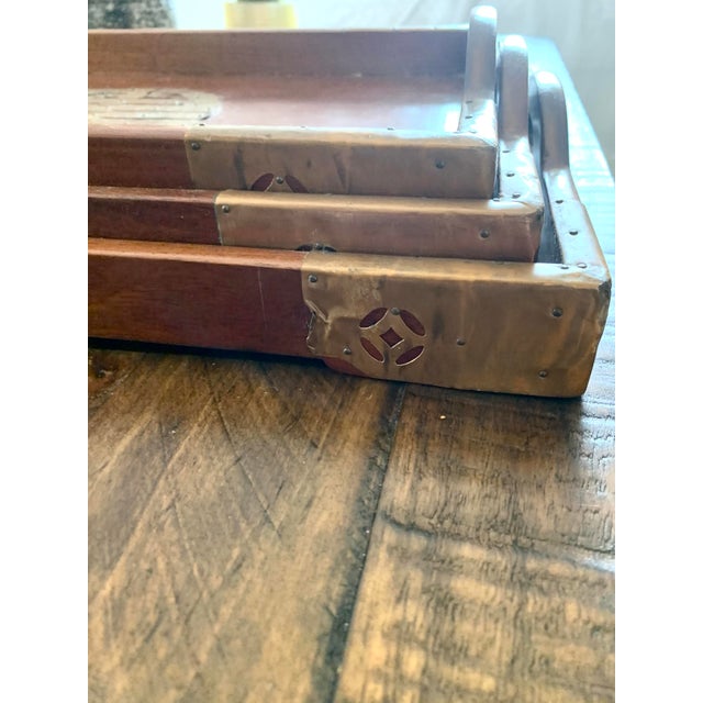 Vintage Asian Rosewood Serving Tray With Brass 3 Pieces Mid Century For Sale In Miami - Image 6 of 12