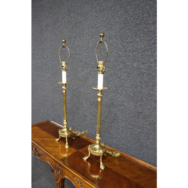 Pair of Solid Brass Trifoot Table Lamps For Sale - Image 11 of 11