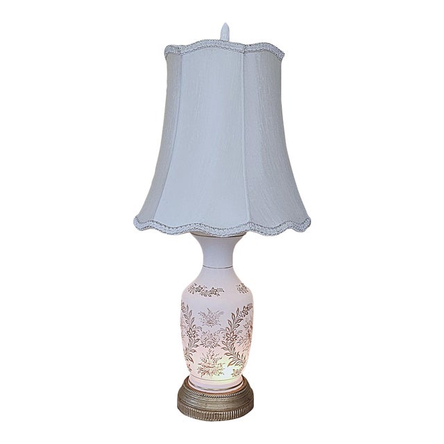 1960s French Hollywood Regency Satin Milk Glass Nightlight Table Lamp With Floral Design For Sale
