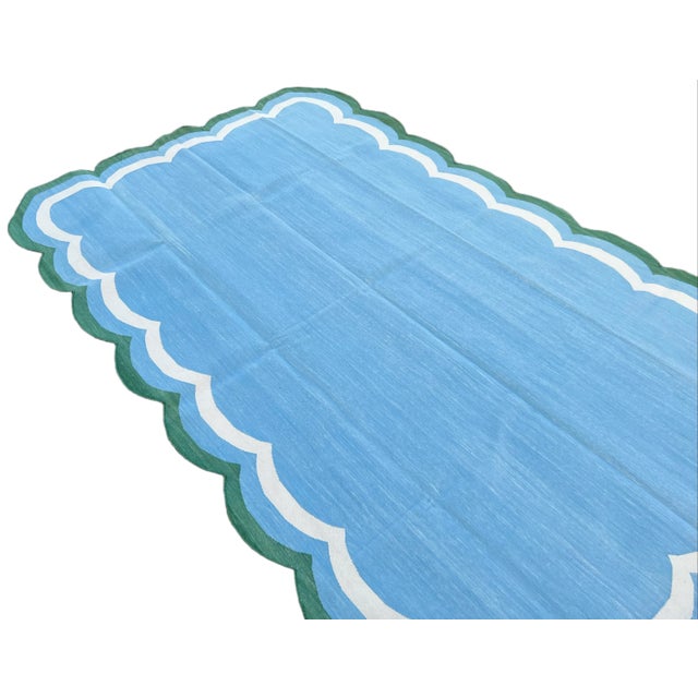 Textile Handmade Cotton Area Scalloped Rug Sky Blue, Cream and Forest Green Border Dhurrie - 8'x10' For Sale - Image 7 of 11