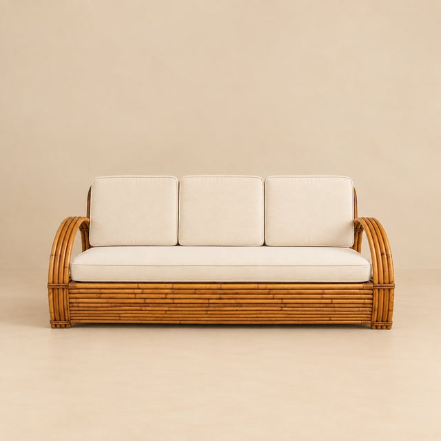 Discoloration and wear to the rattan, stains on the fabric, signs of use. Dimensions: approximately 85 x 168 x 92 cm and...
