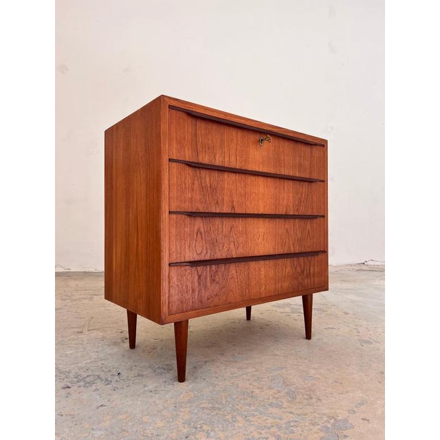 Brown Teak Chest of Drawers with Continuous Handles and Lock, Denmark, 1960s For Sale - Image 8 of 11