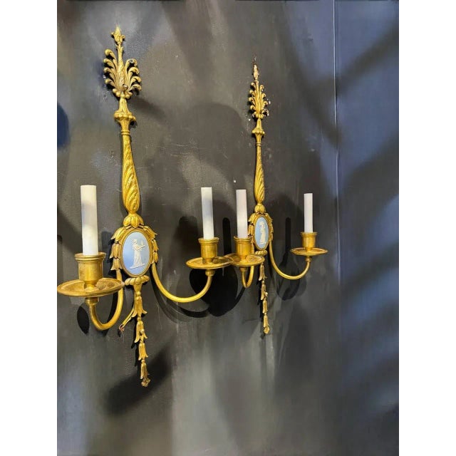 1900 - 1909 1900 Bronze Sconces With Wedgwood Style Design - a Pair For Sale - Image 5 of 7