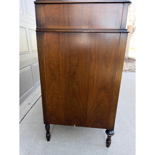 Rare 1925-Dated John Widdicomb French Provincial Tall Dresser Commode Burl Walnut Veneer, Floral Accents, Ornate Brass Ring Pulls, Cabriole Legs For Sale - Image 12 of 12