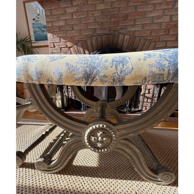 A Pair of Painted Campaign Style X-Base Ottomans Footstools in Butter Yellow and Blue Toile For Sale - Image 13 of 17