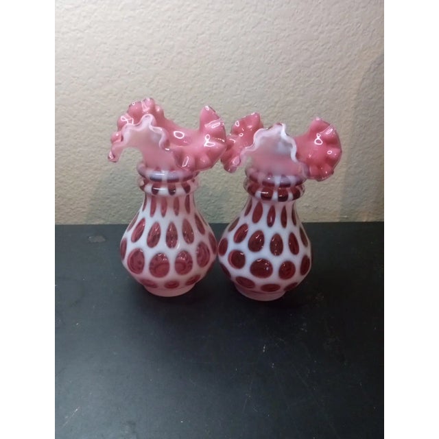Glass 1960s Exquisite Pair of Fenton Cranberry Opalescent Coin Dot Crimped Edge Vases For Sale - Image 7 of 8