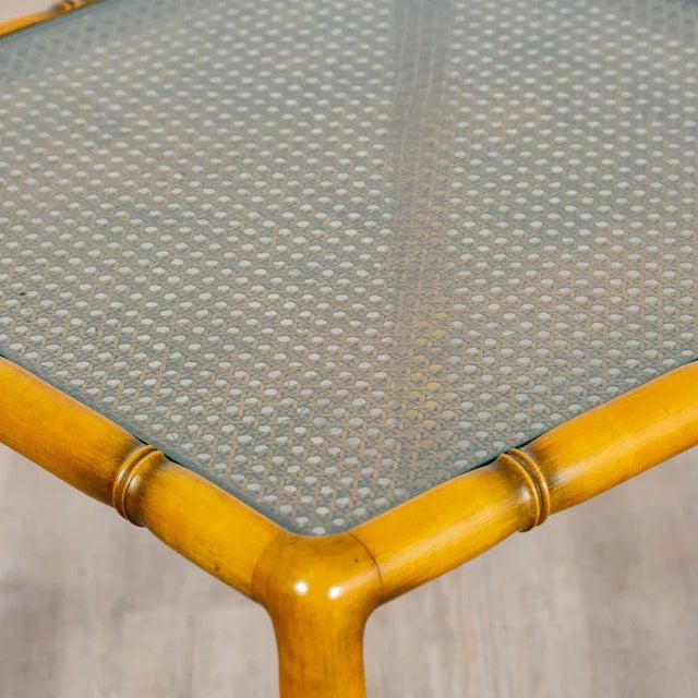 Bamboo Wooden Auxiliary Table in Cannage and Square Glass, 1970s For Sale - Image 4 of 7