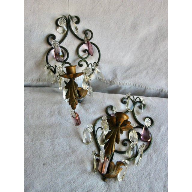 1920 French Iron Crystal Sconces - a Pair For Sale - Image 4 of 8
