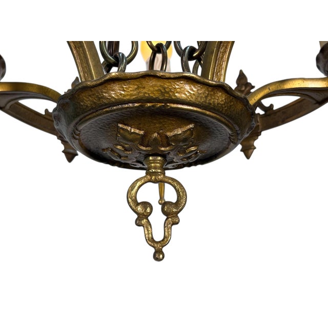 Metal 1920s Cast Brass 5 Light Chandelier With White Candles For Sale - Image 7 of 10