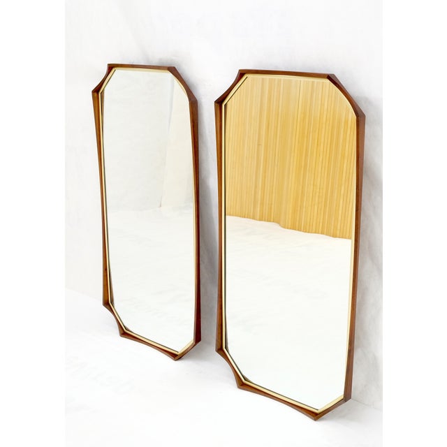 Mid-Century Modern Oiled Walnut Frames Gold Trim Elongated Octagon Shape Wall Mirrors - A Pair For Sale - Image 3 of 10