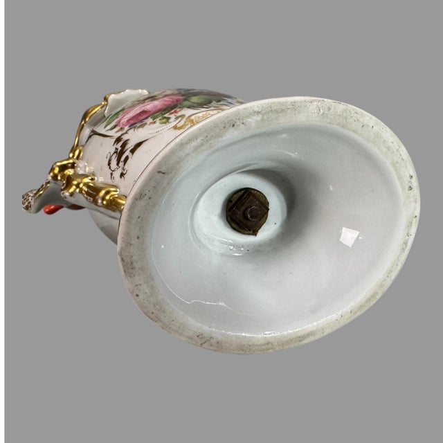 Gold Antique Old Paris 2 Piece Bolted Porcelain Floral & Gilt Decorated Handled Vase For Sale - Image 8 of 9