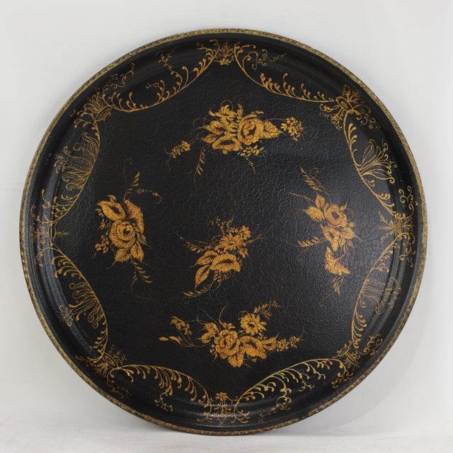 Vintage Hand Painted Tole Tray Black Lacquer With Gold Gilt Floral Bouquets and Ornate Scrollwork For Sale - Image 12 of 12