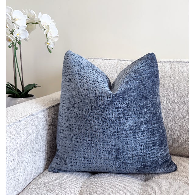 Blue Wedgewood Blue Chenille 20x20 Throw Pillow With Feather Down Insert For Sale - Image 8 of 8