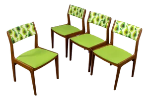 1970’s Scandinavian Modern Dining Chairs by D Scan W/ Teak Frames & Avocado Fabric Set of 4