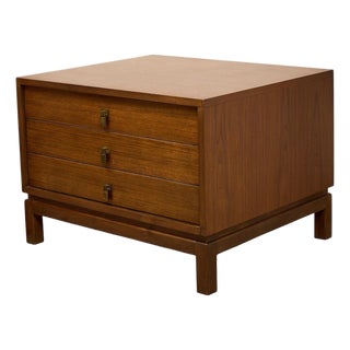 Vintage Walnut Three-Drawer Nightstand With Brass Campaign Hardware For Sale